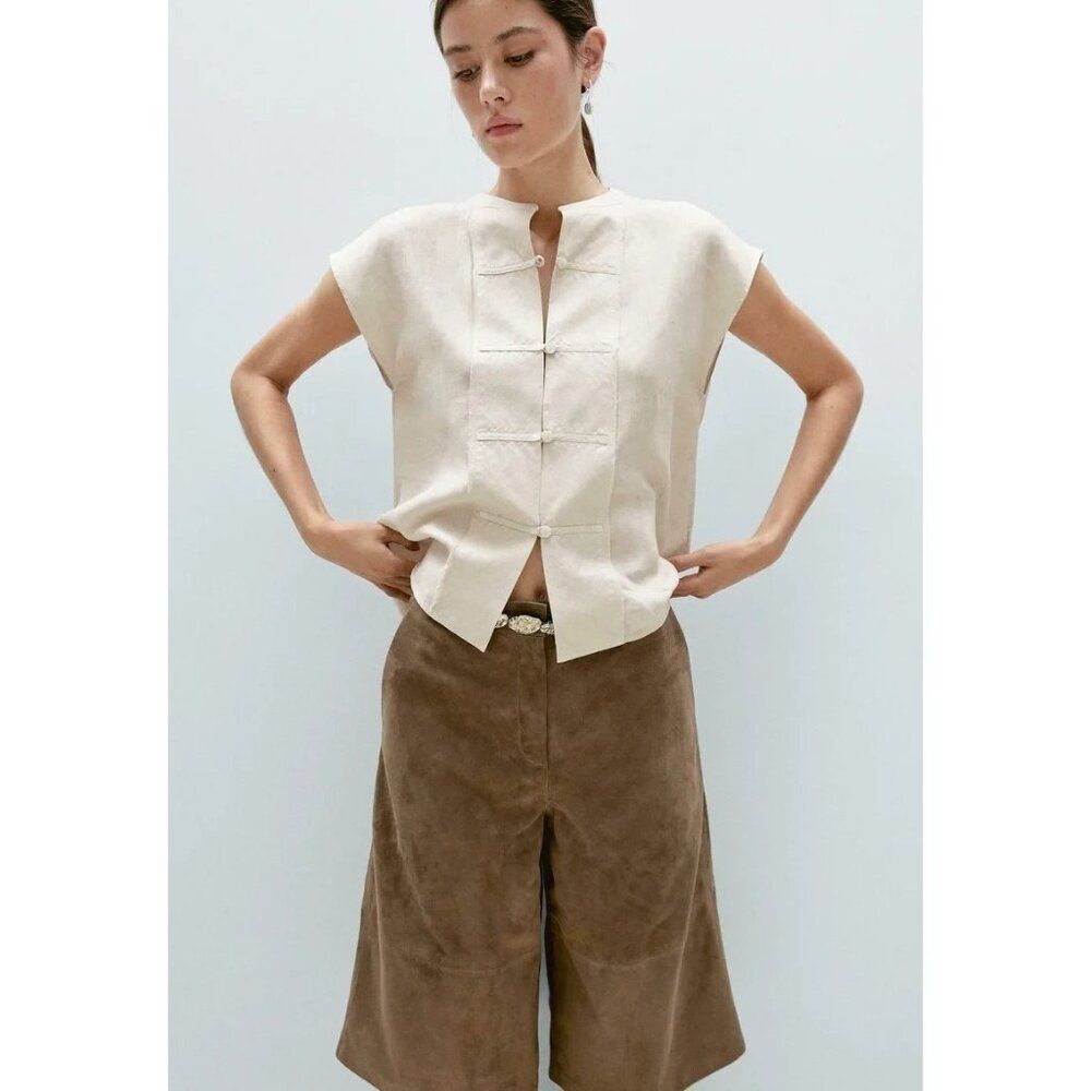 Massimo Dutti Cream Short-Sleeve Linen Blend Top